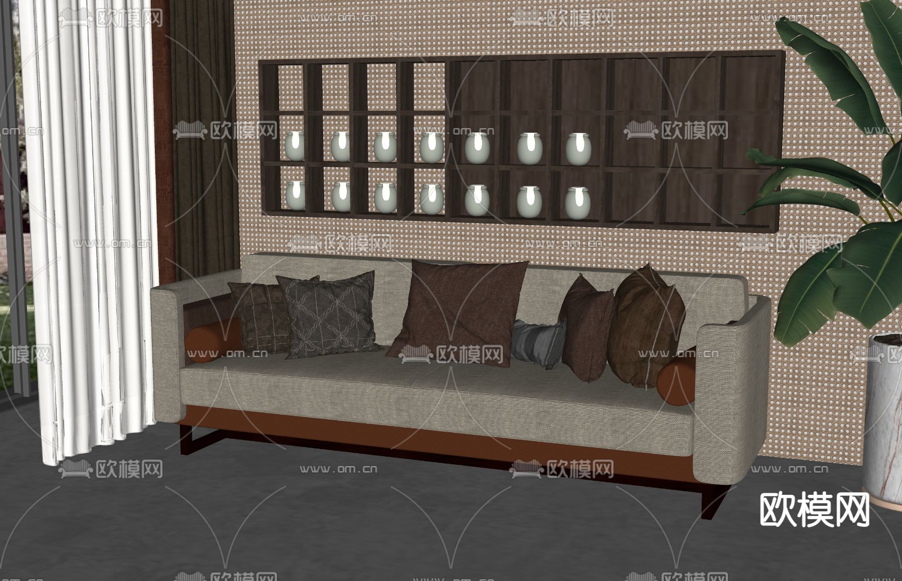 新中式双人沙发su模型下载（渲染图2）