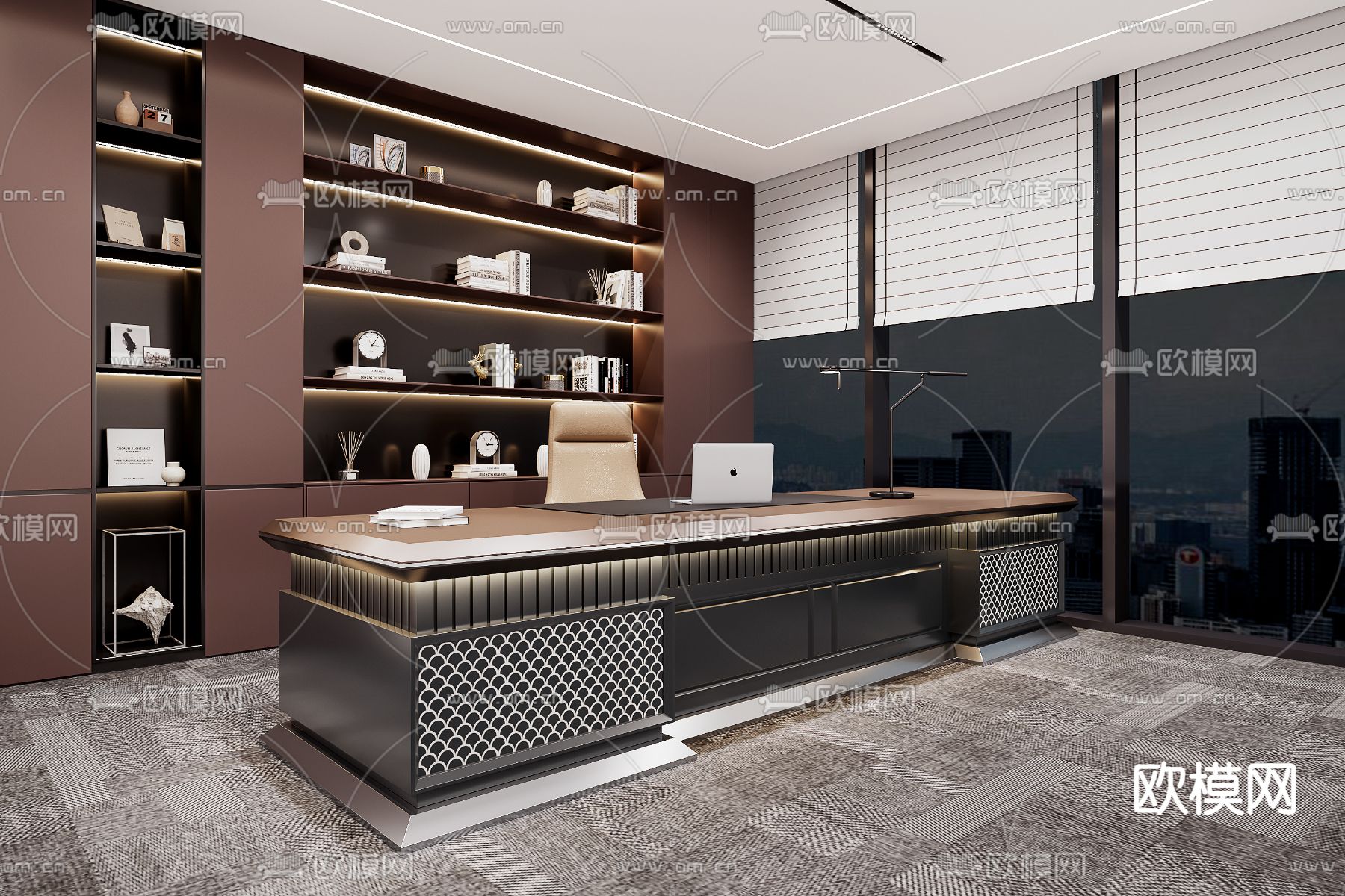 班台办公桌su模型下载（渲染图2）