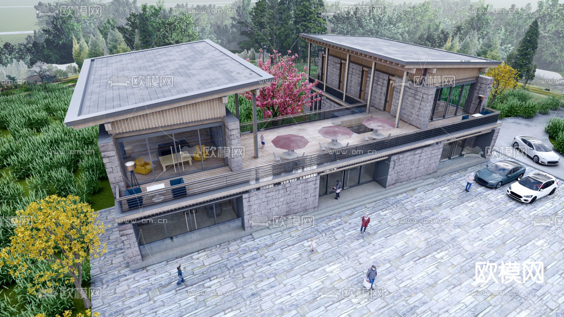 民宿外观 乡村驿站su模型下载（渲染图1）