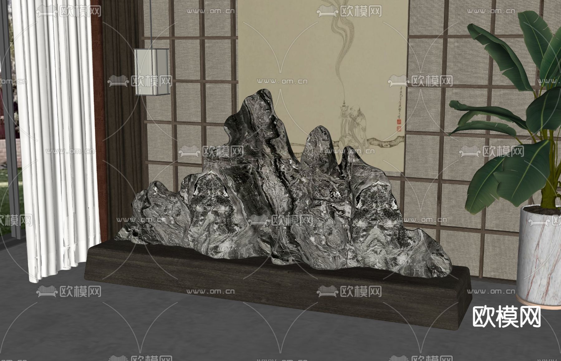 新中式假山 石头摆件su模型下载（渲染图2）