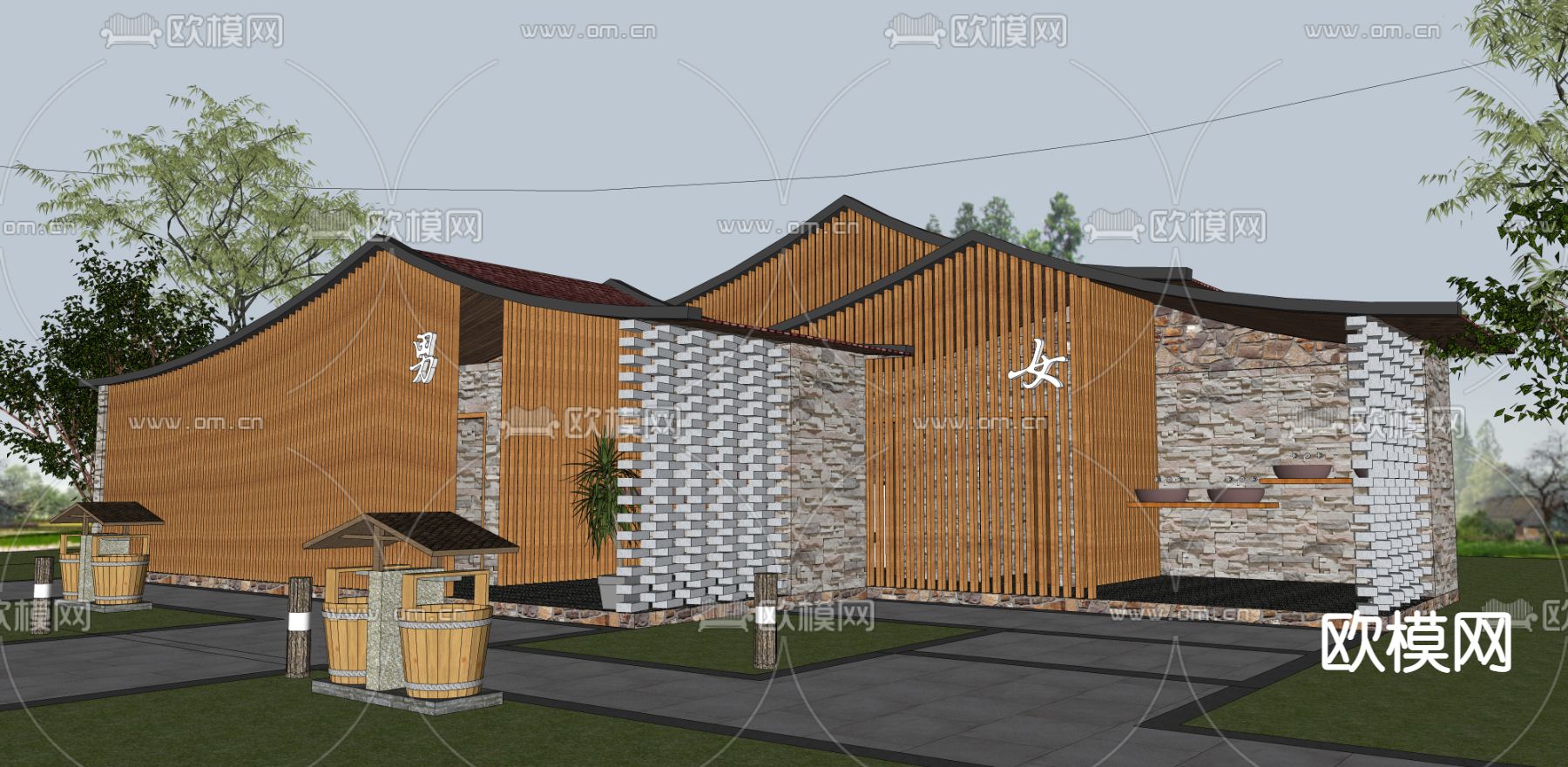 新中式公厕 公共厕所su模型下载（渲染图2）