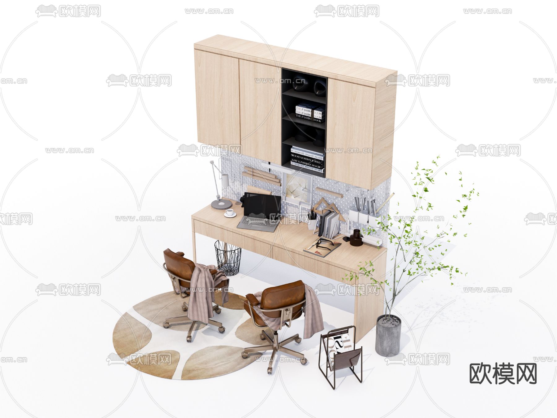 双人书桌 写字台su模型下载（渲染图4）