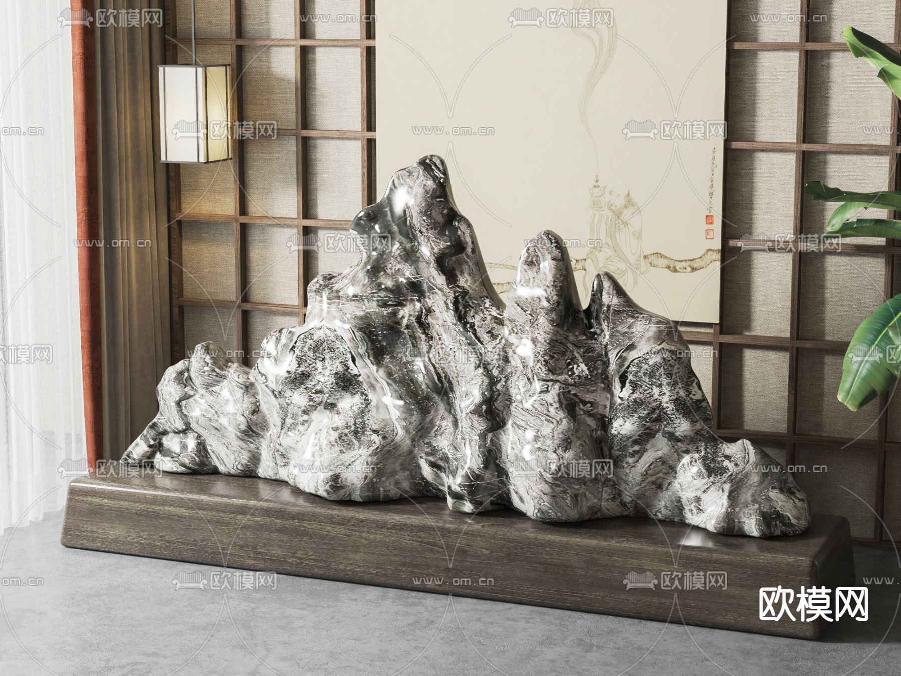 新中式假山 石头摆件su模型下载（渲染图1）