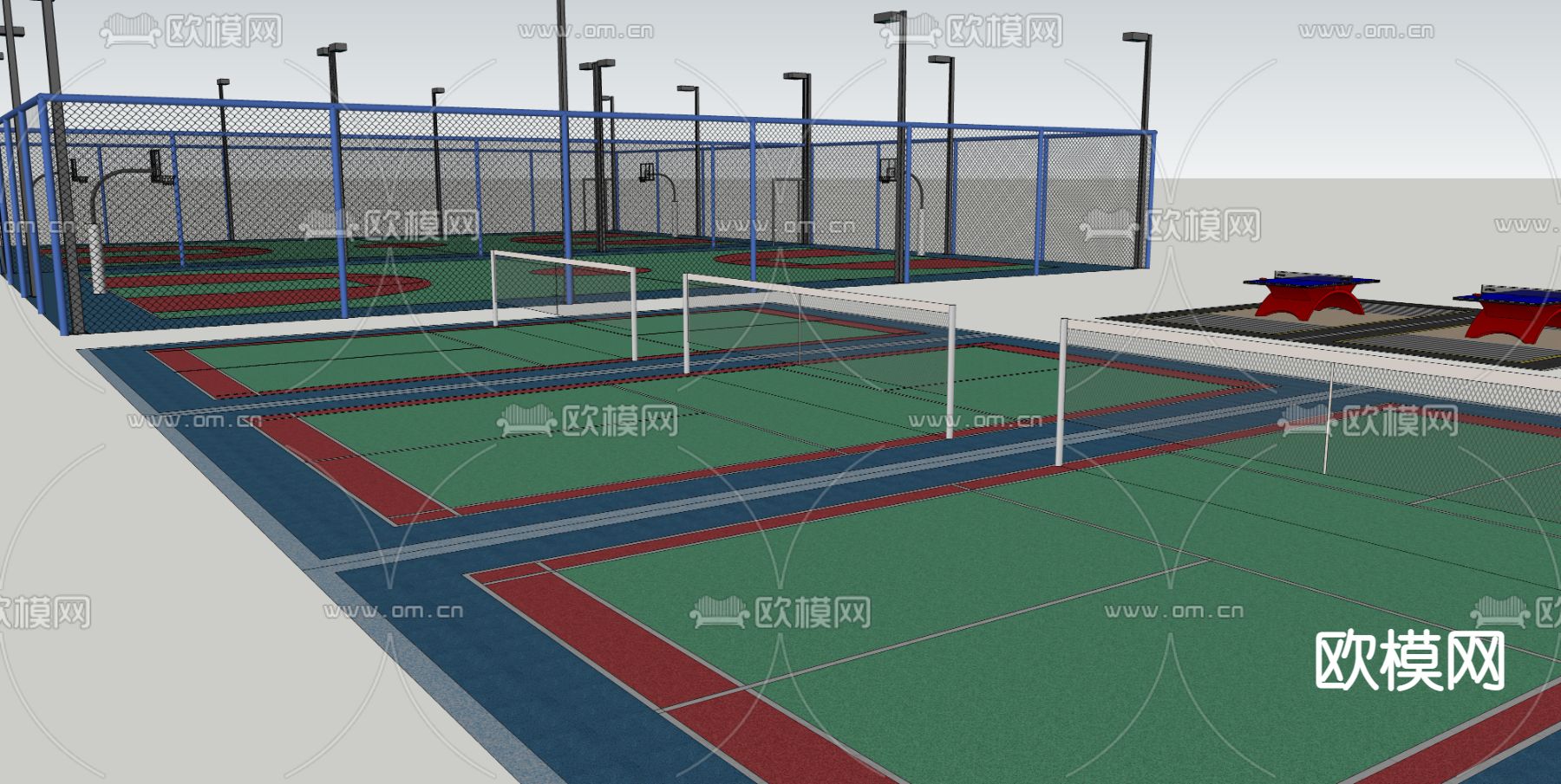 运动场 篮球场 排球场 乒乓球场su模型下载（渲染图2）