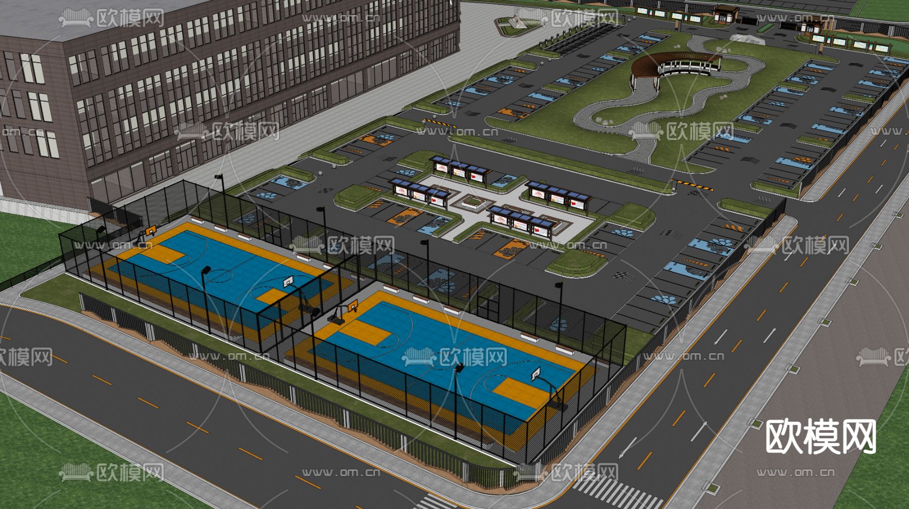 停车场 篮球场 停车区 道路 马路 公路su模型下载（渲染图1）
