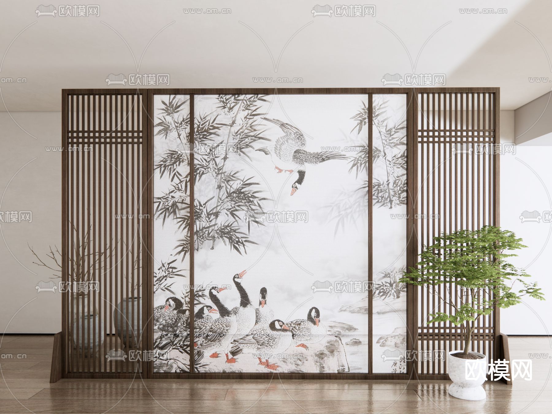 新中式屏风 隔断su模型下载（渲染图1）