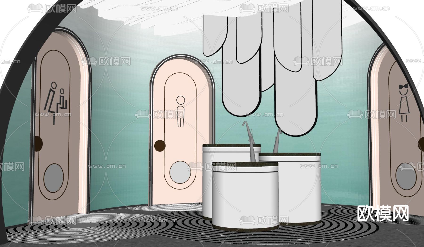 公共卫生间 洗手间su模型下载（渲染图2）