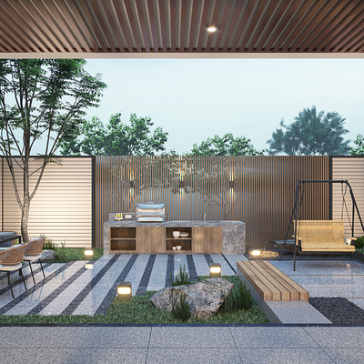  现代庭院夜景su模型 