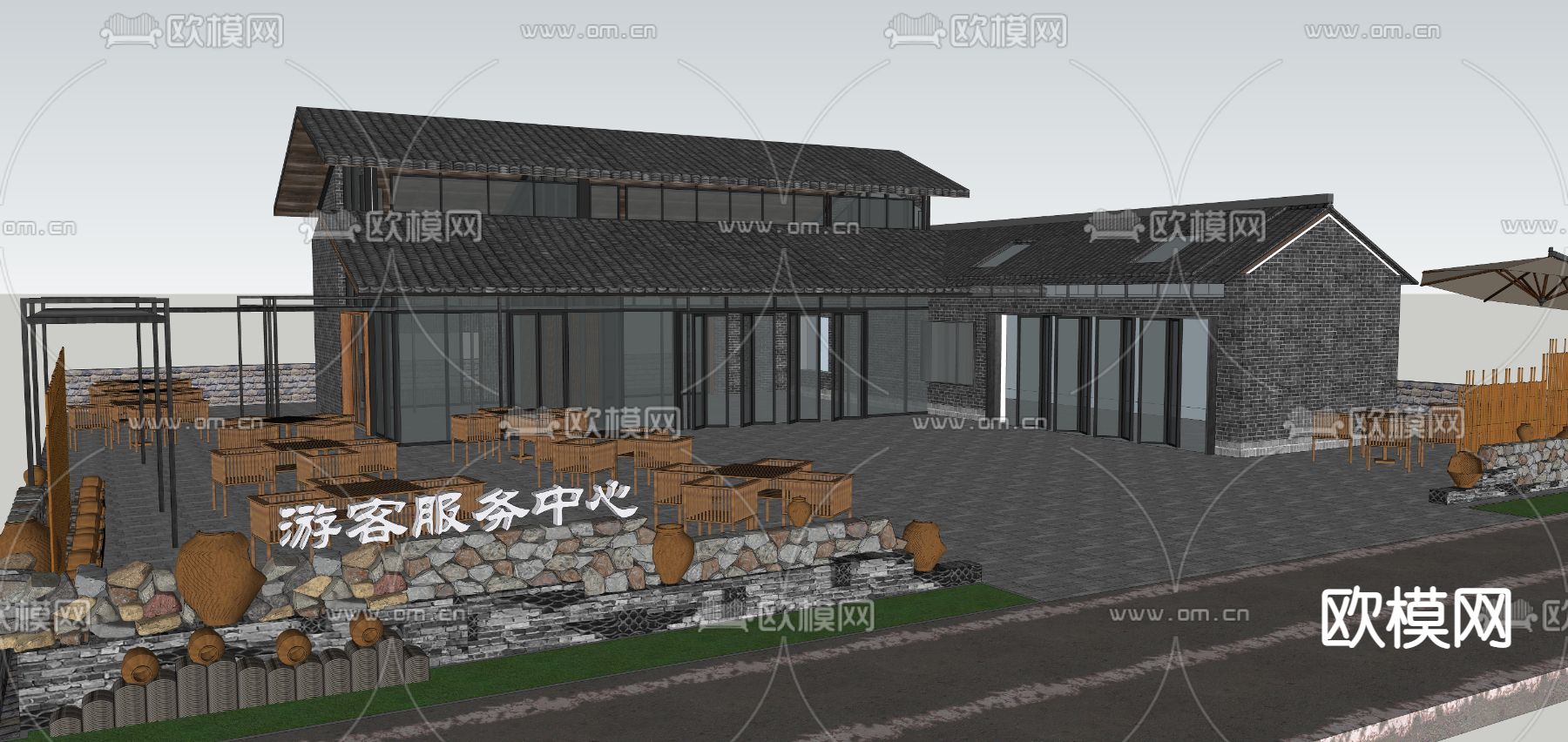新中式民宿 游客服务中心su模型下载（渲染图2）