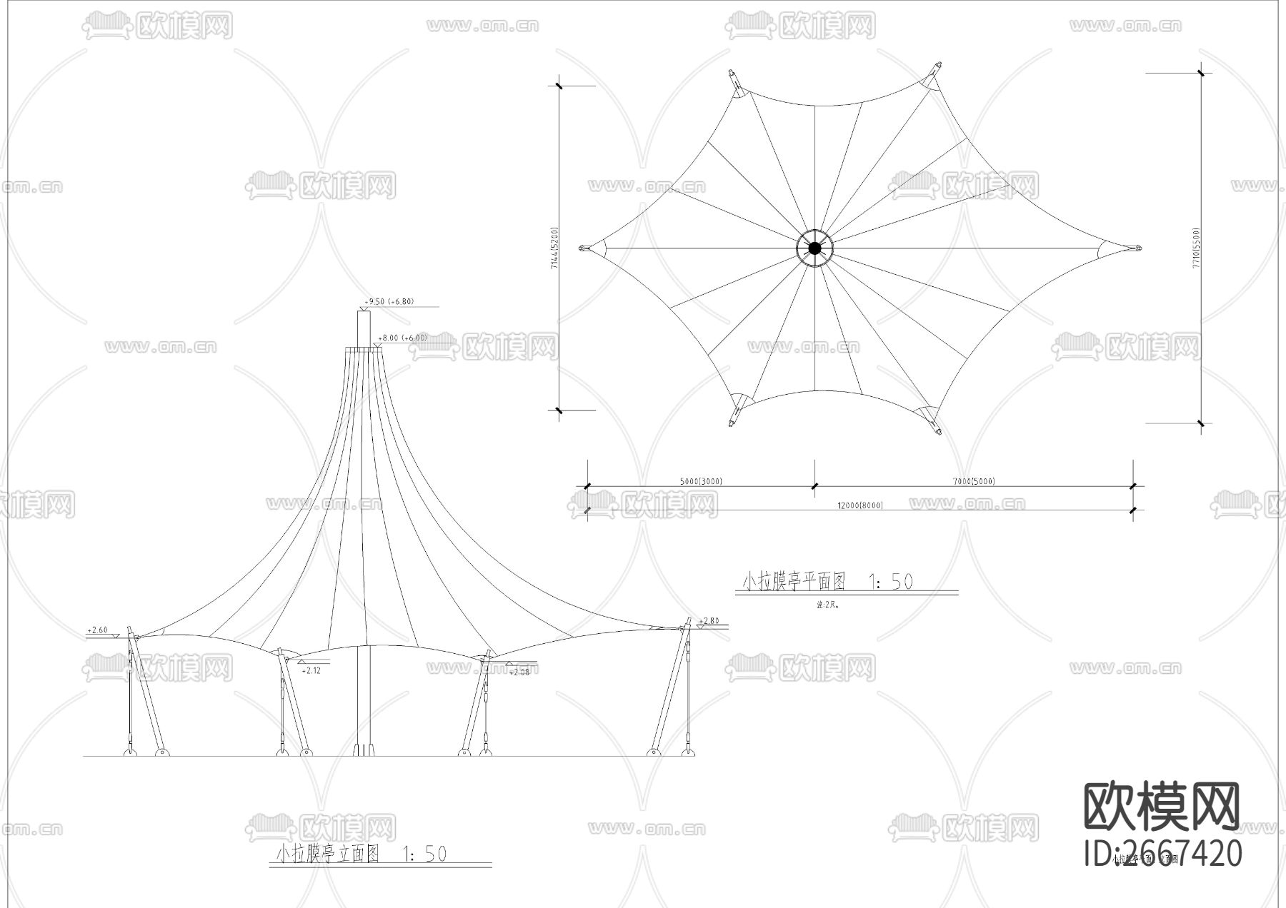大小拉膜亭座凳CAD节点大样下载（渲染图3）