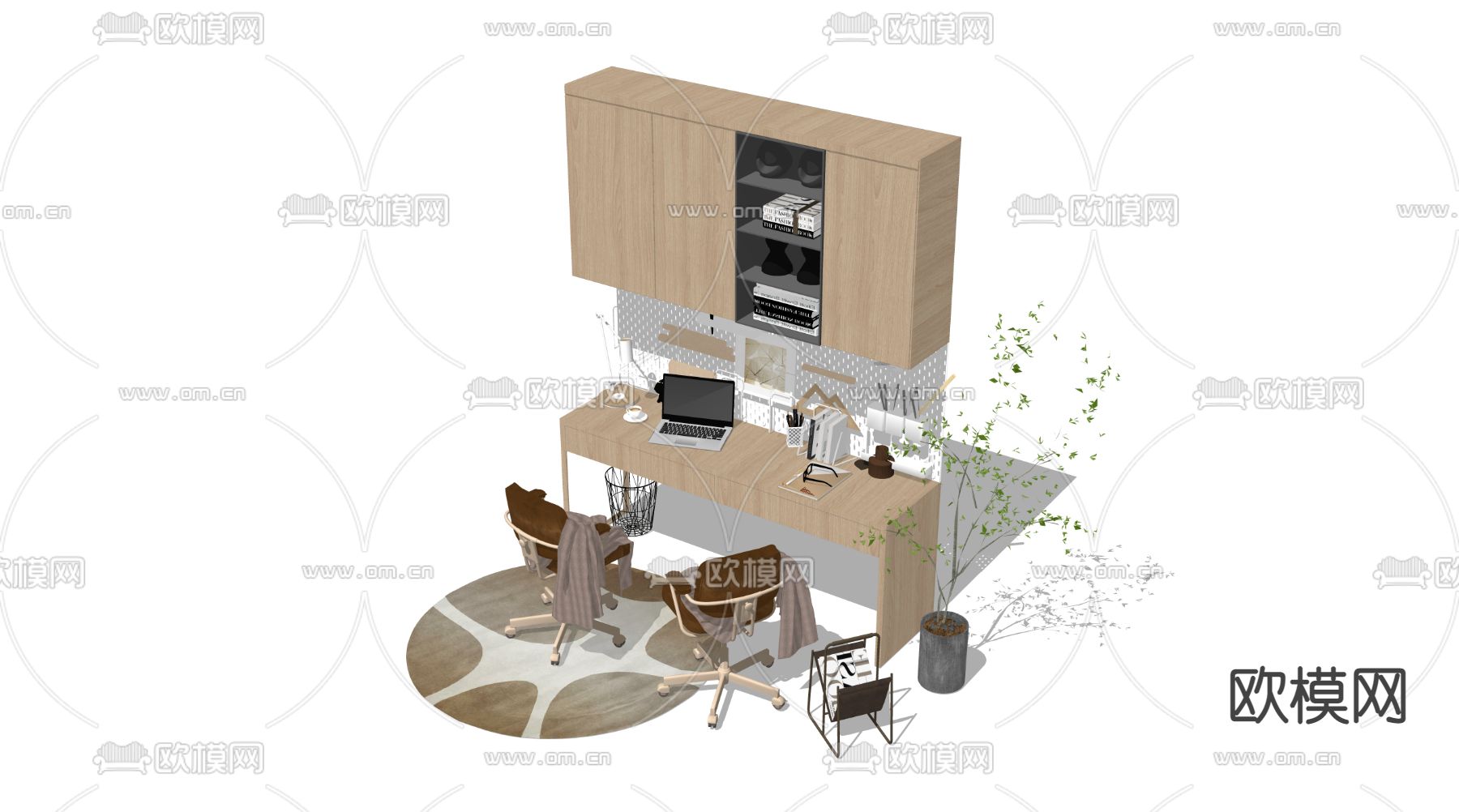 双人书桌 写字台su模型下载（渲染图3）