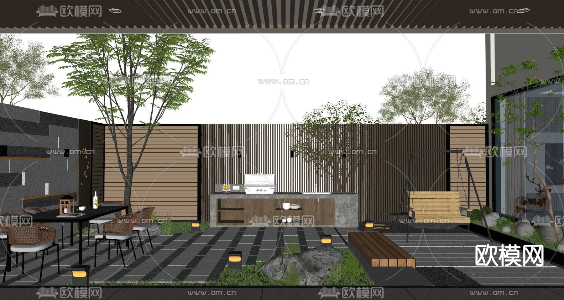 现代庭院夜景su模型下载（渲染图2）