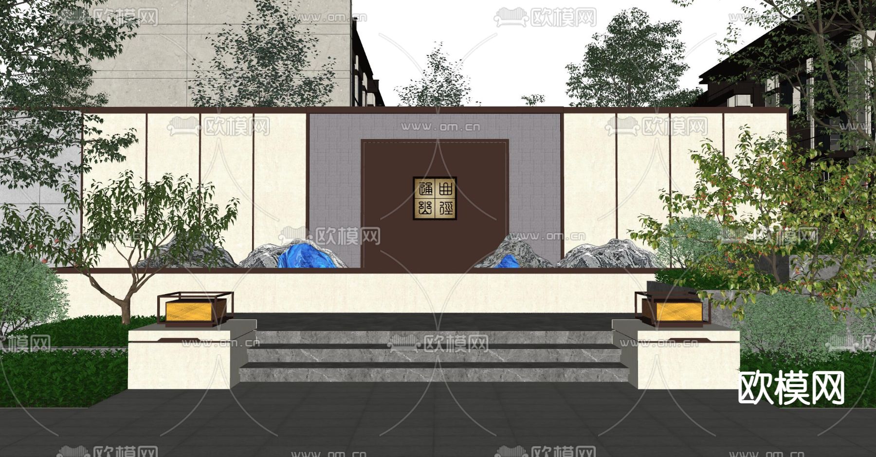 新中式庭院夜景su模型下载（渲染图2）