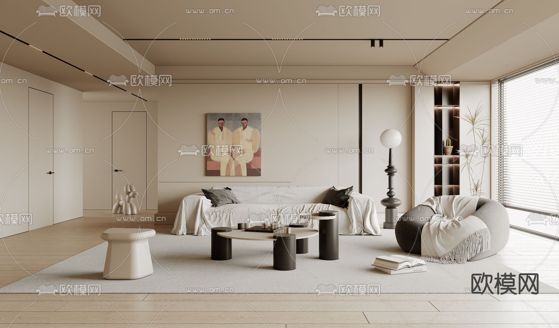 奶油风客厅3d模型下载（渲染图1）