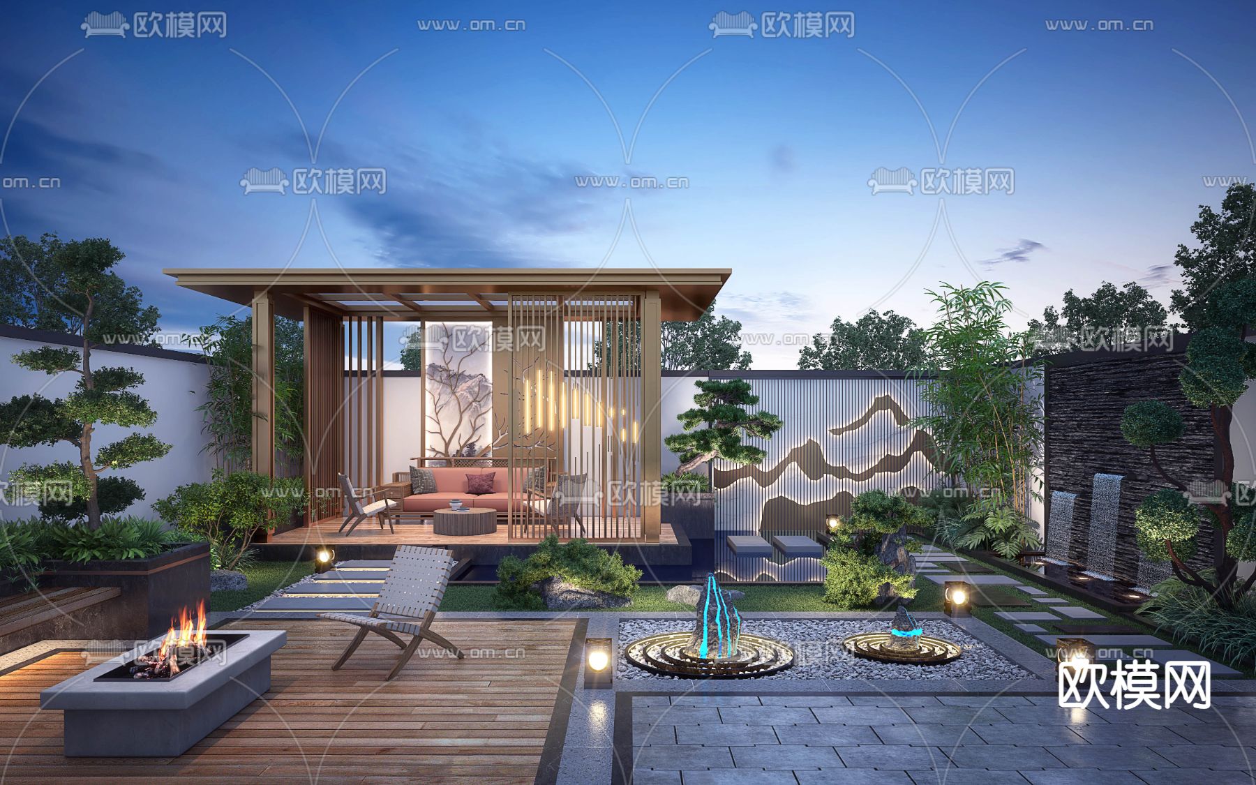 新中式庭院 花园su模型下载_ID14109684_sketchup模型下载-欧模网