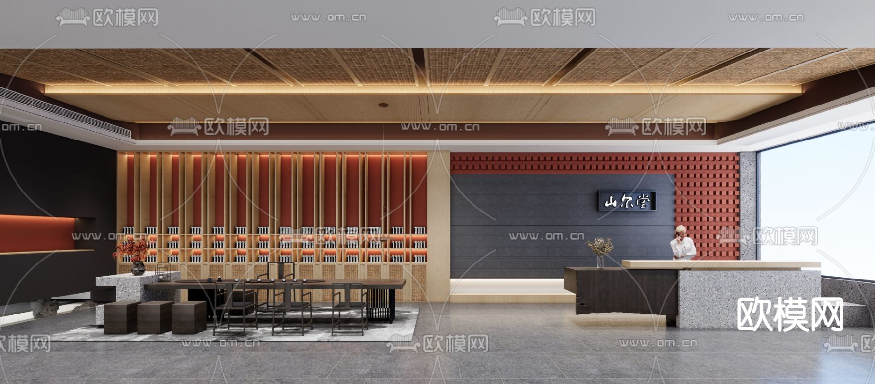 新中式会所 接待大厅su模型下载（渲染图1）