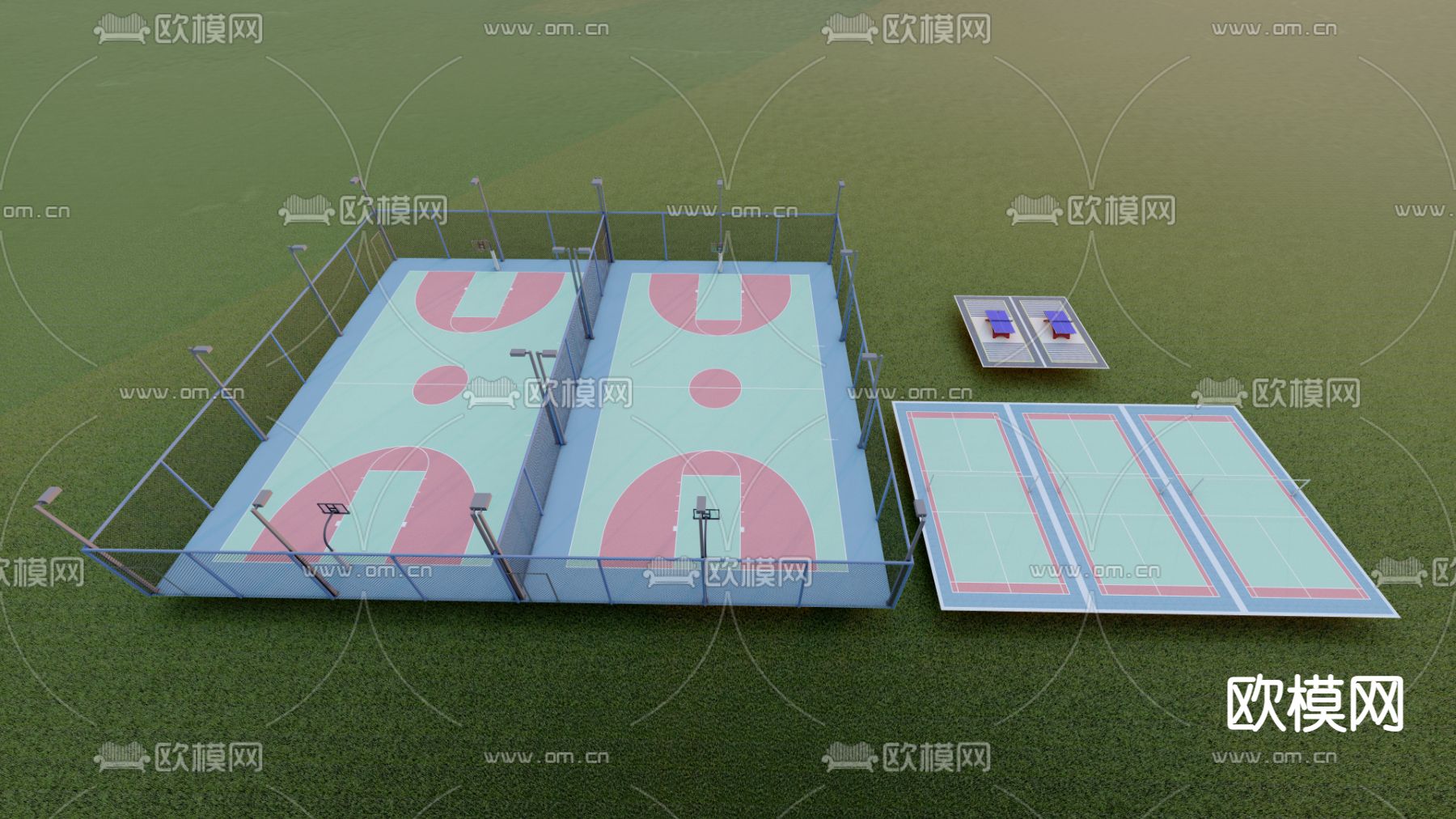 运动场 篮球场 排球场 乒乓球场su模型下载（渲染图1）