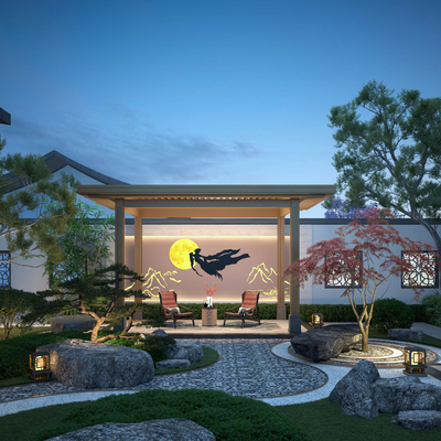  新中式庭院夜景su模型 