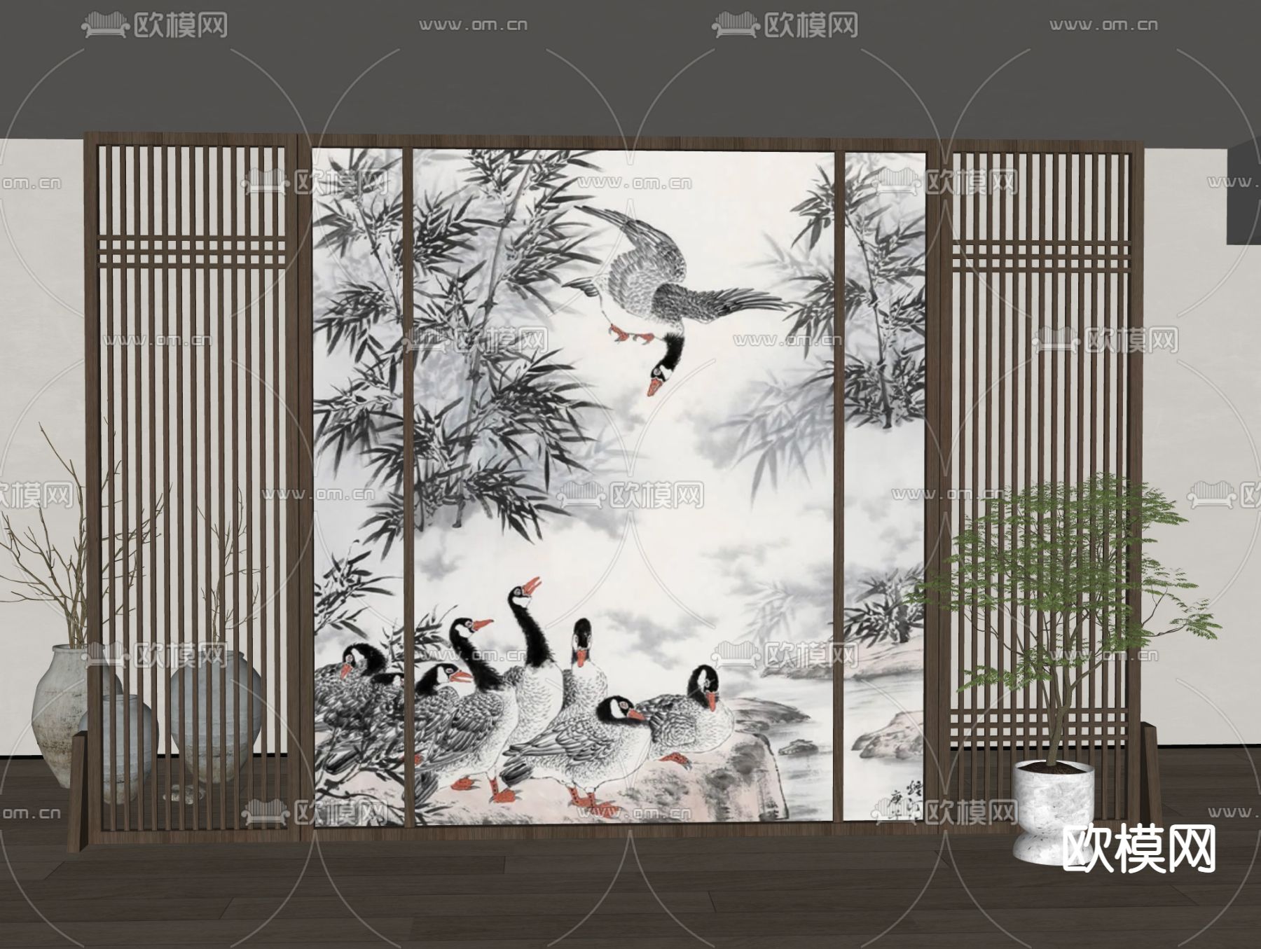 新中式屏风 隔断su模型下载（渲染图2）