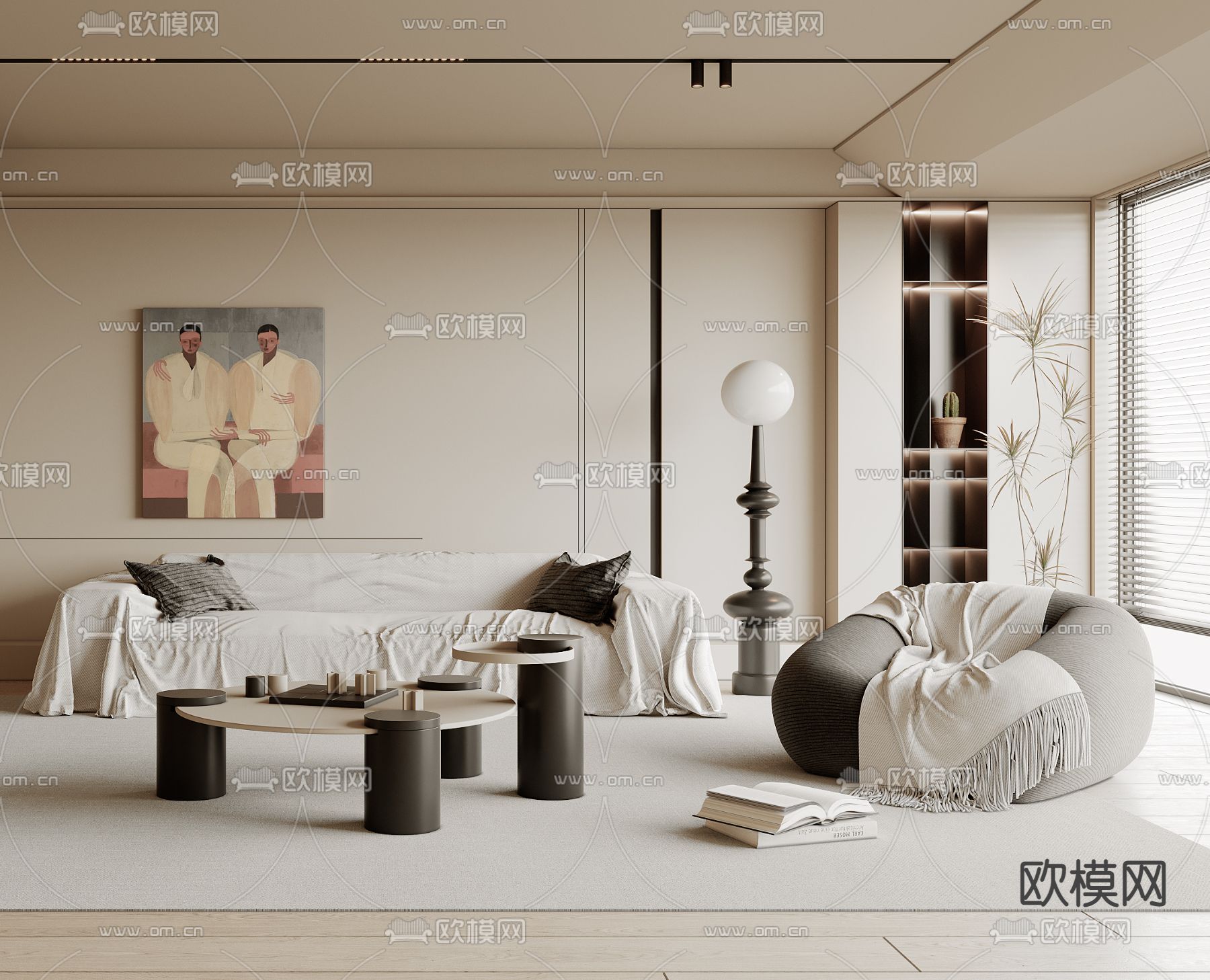 奶油风客厅3d模型下载（渲染图3）