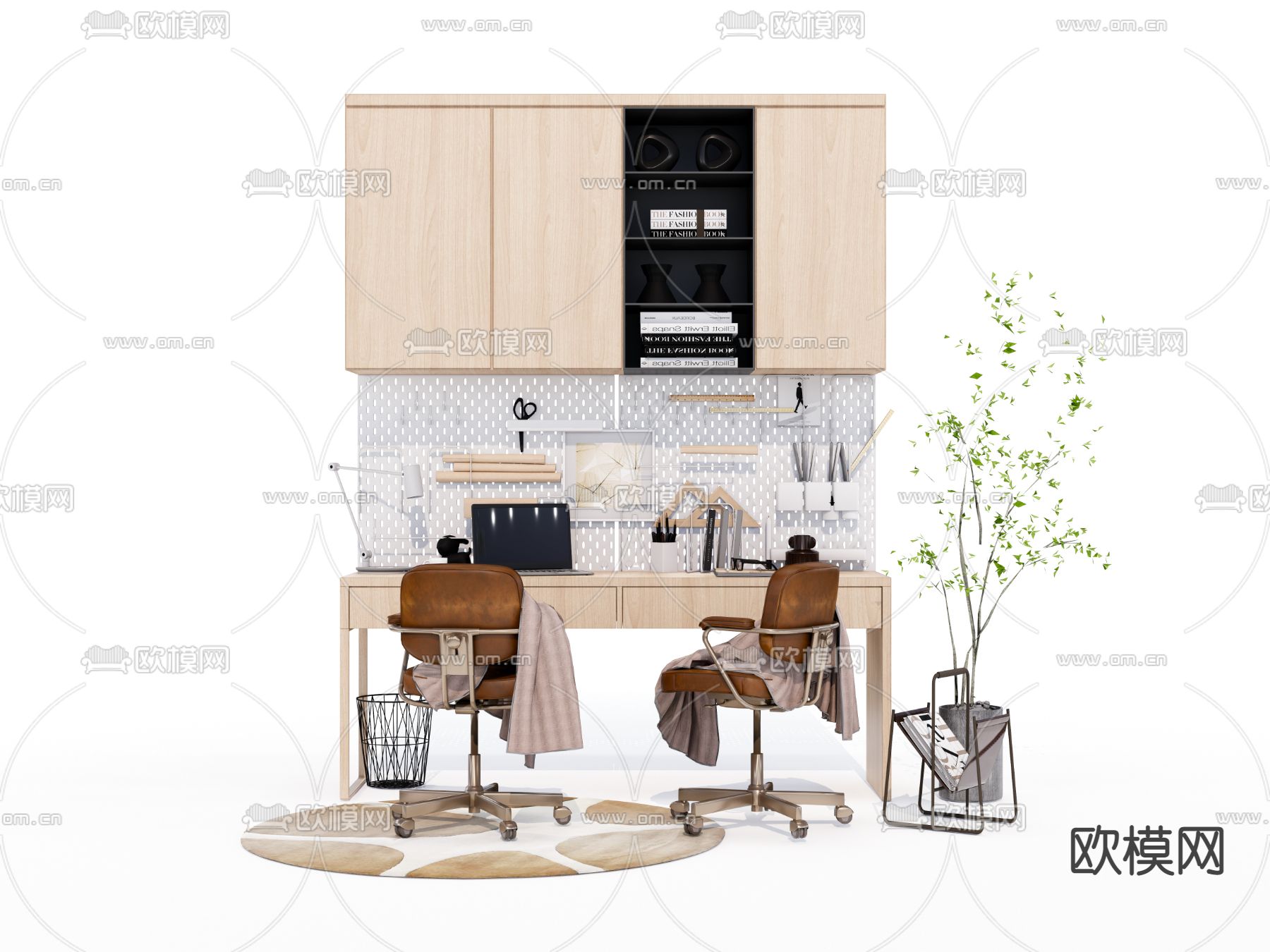 双人书桌 写字台su模型下载（渲染图1）