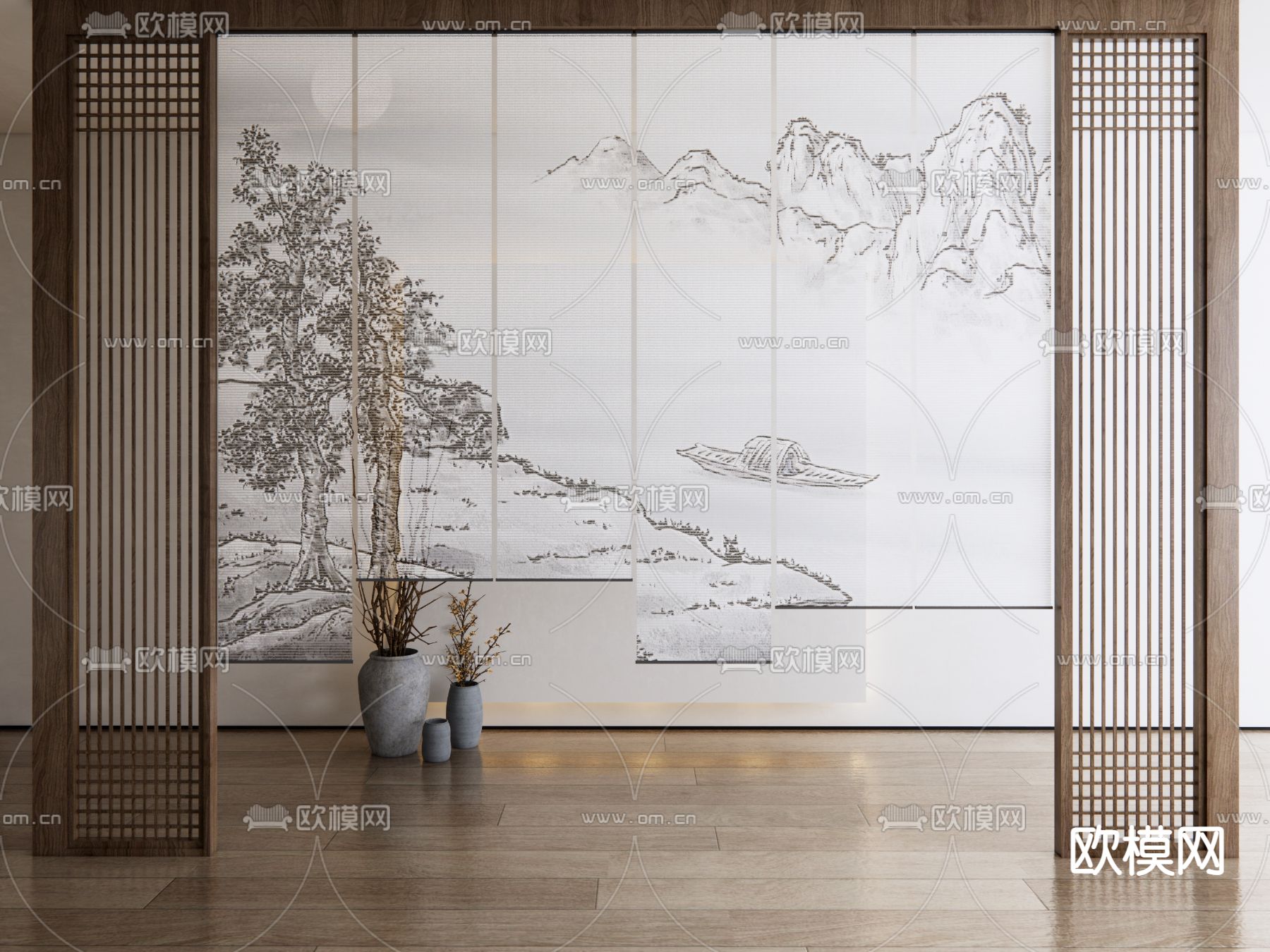 新中式纱帘 卷帘su模型下载（渲染图1）