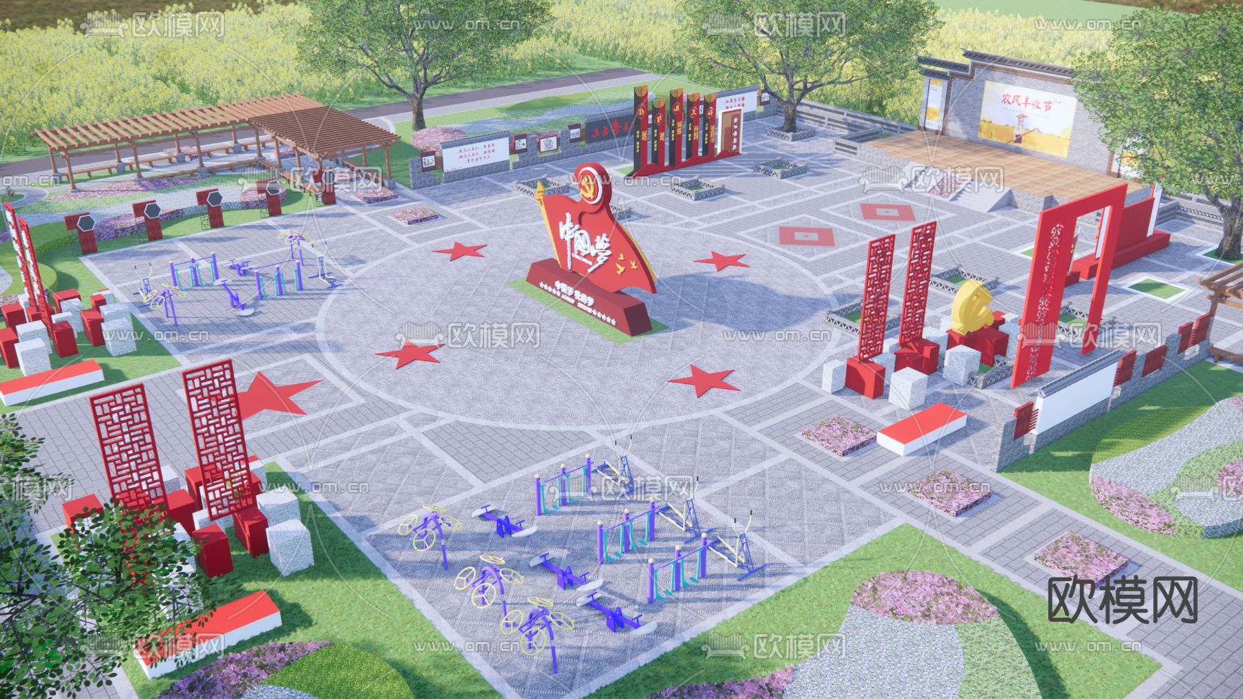 中式党政广场景观su模型下载（渲染图2）