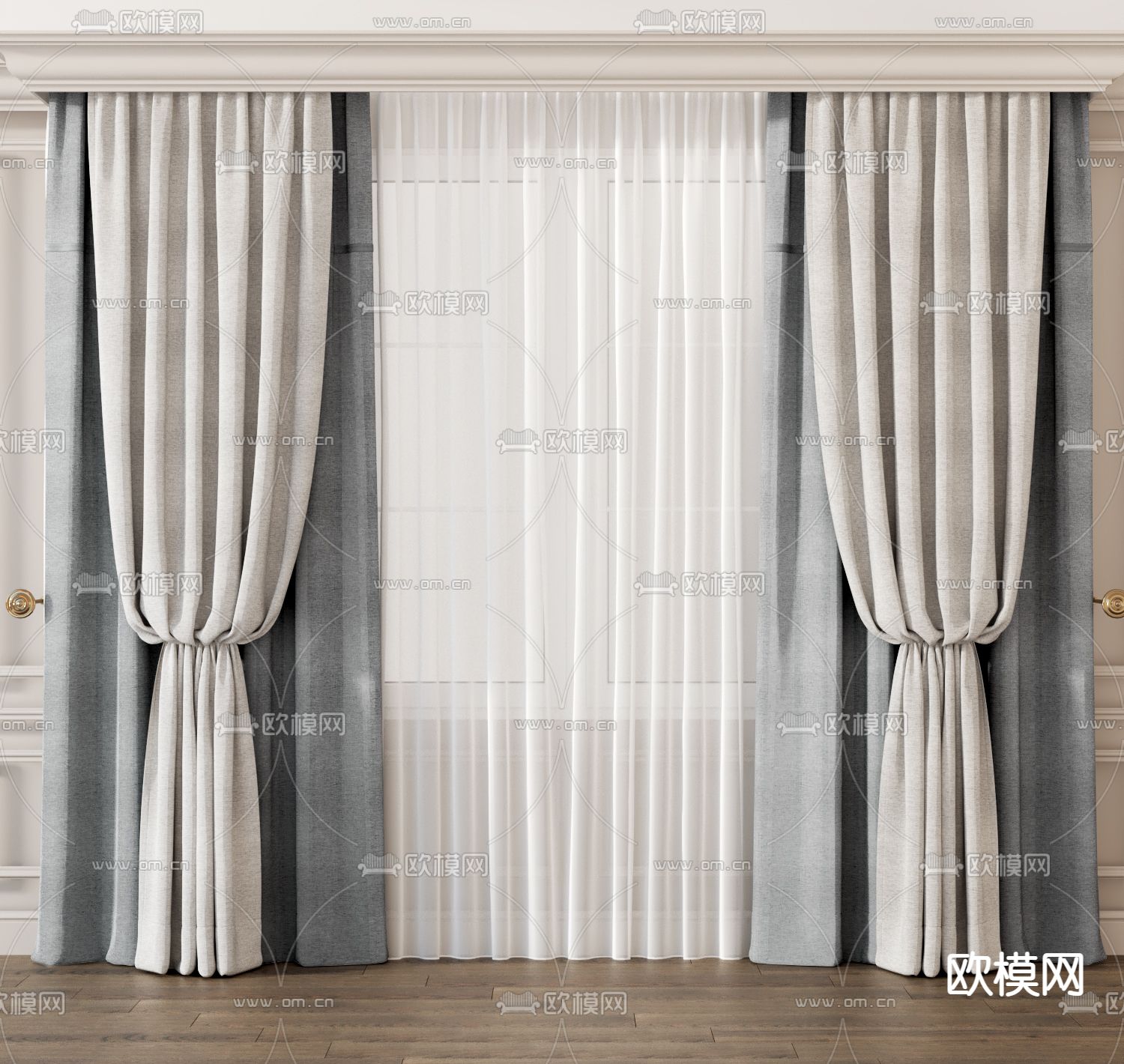 简欧窗帘 纱帘su模型下载（渲染图1）