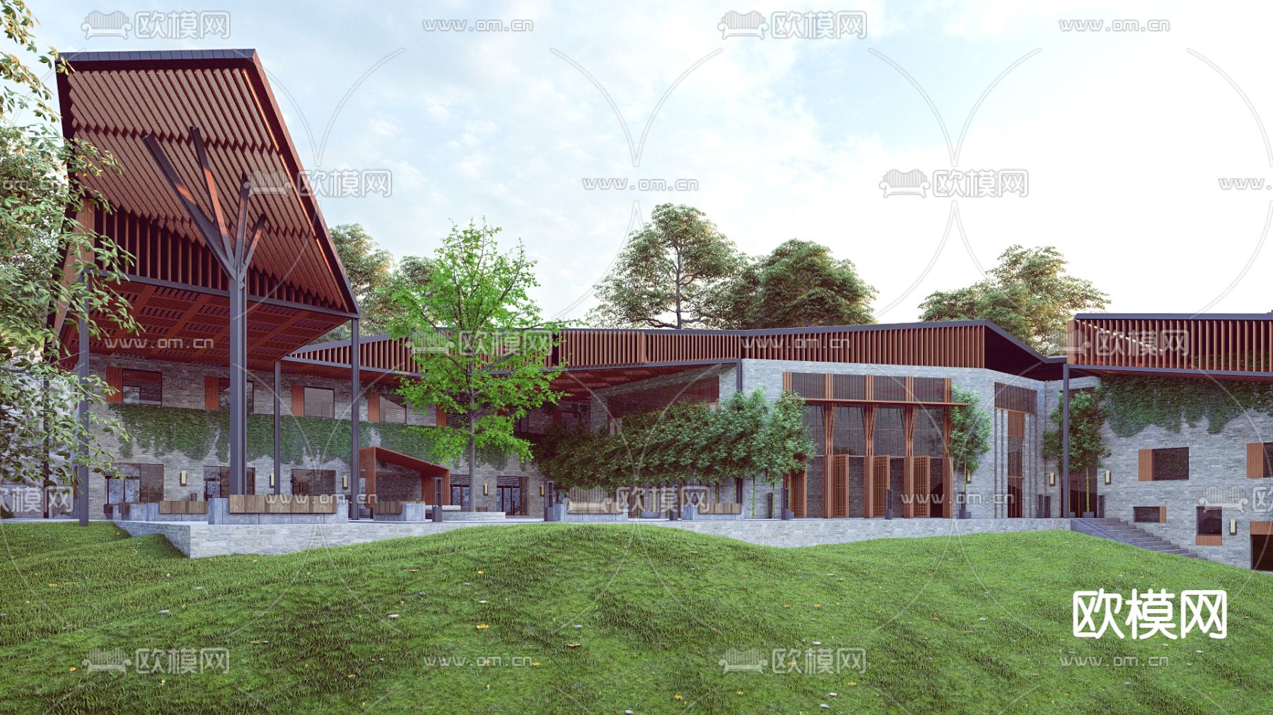 山地酒店外观su模型下载（渲染图1）