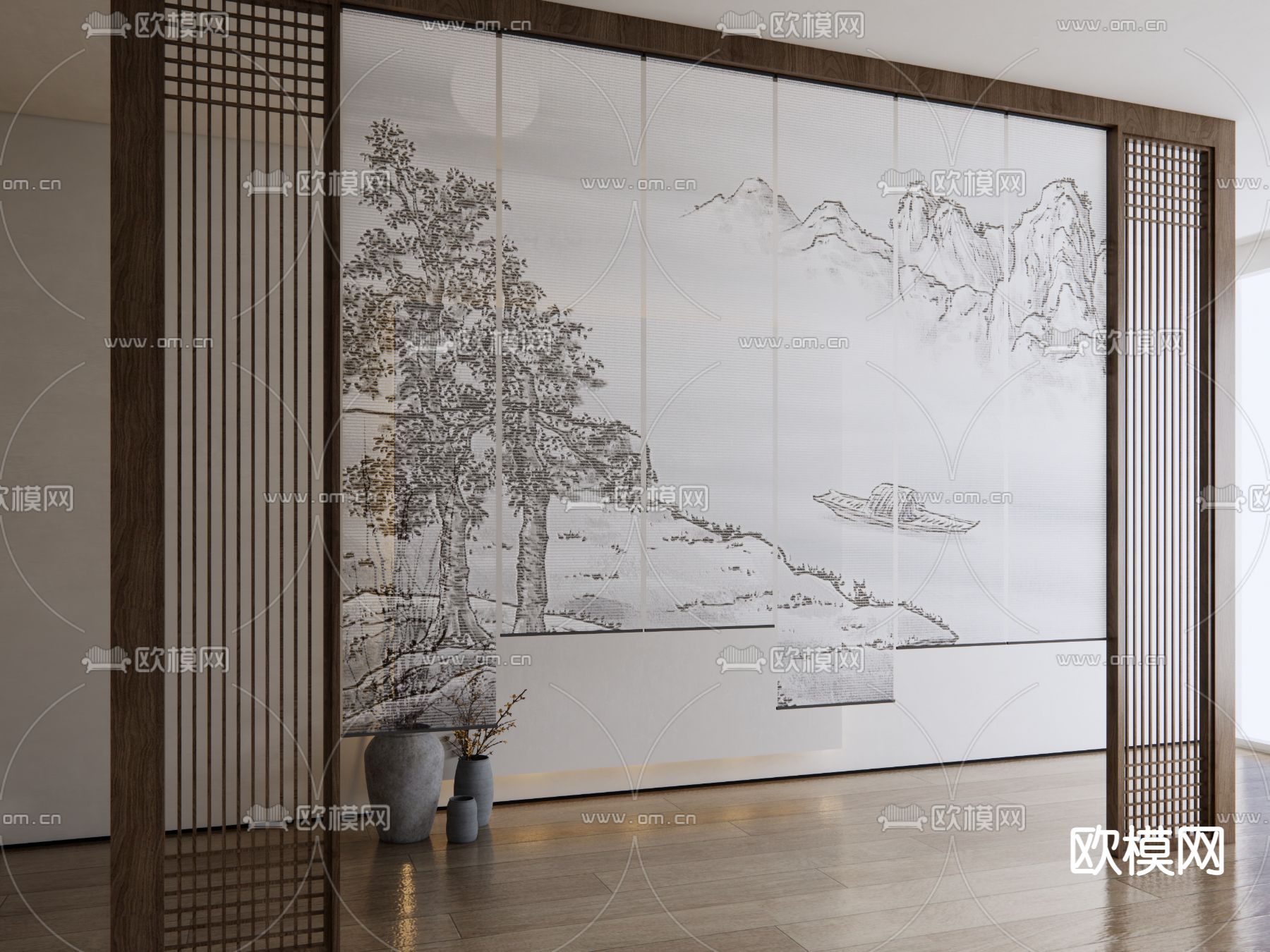 新中式纱帘 卷帘su模型下载（渲染图2）