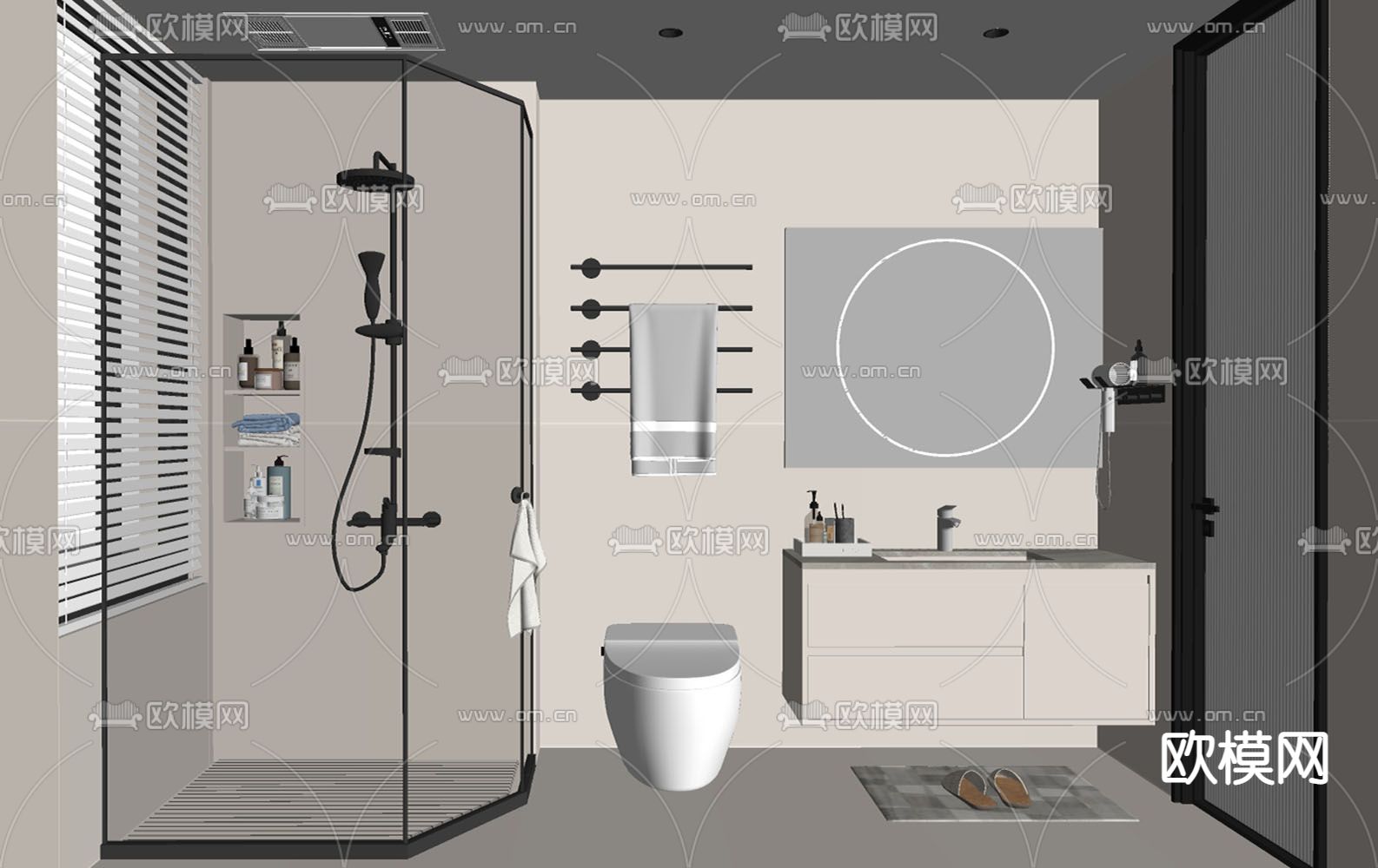 奶油卫生间 浴室 洗手间su模型下载（渲染图2）