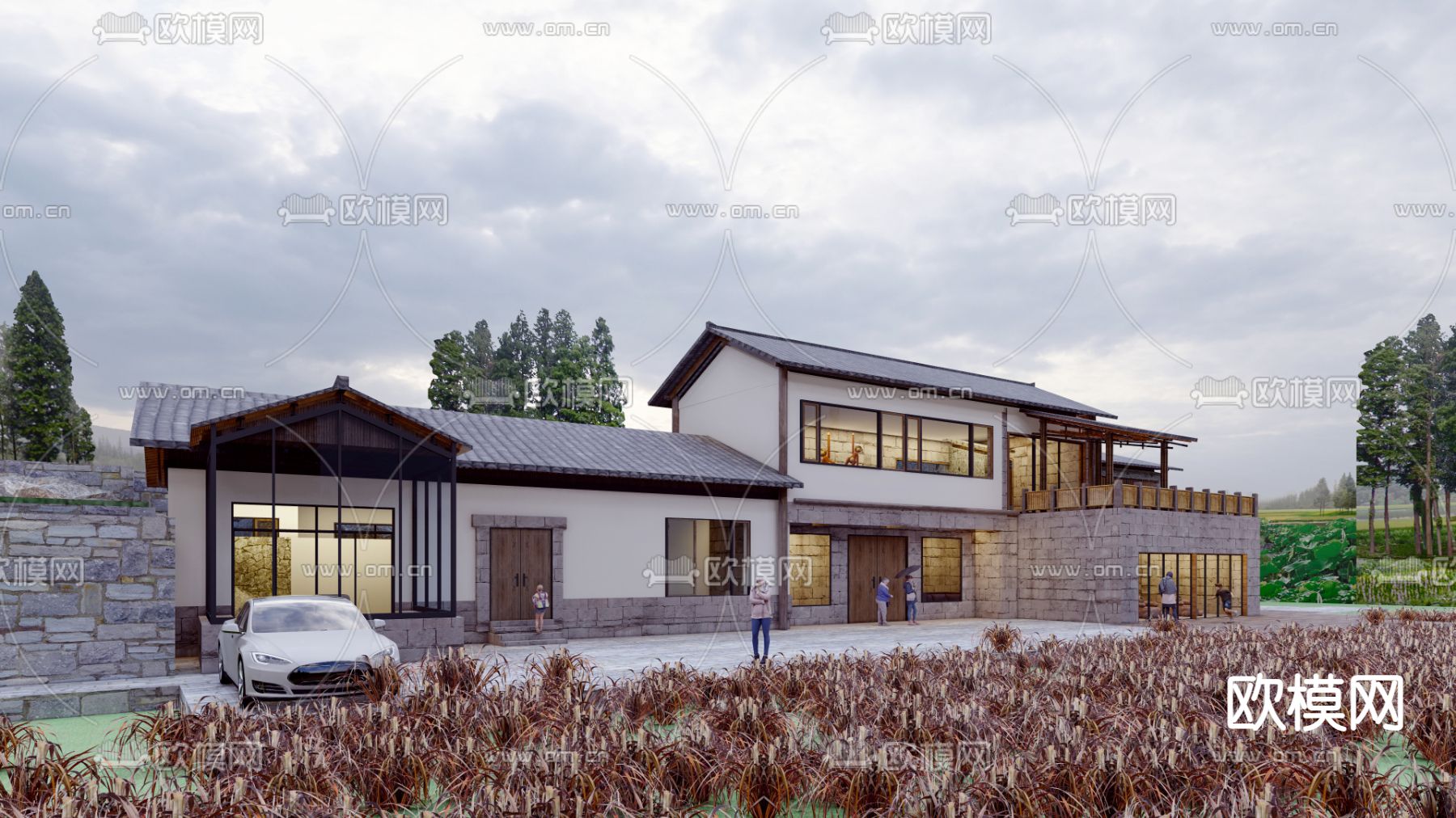 新中式民宿外观su模型下载（渲染图1）