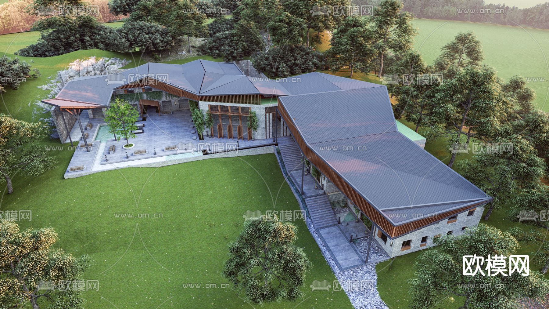 山地酒店外观su模型下载（渲染图3）