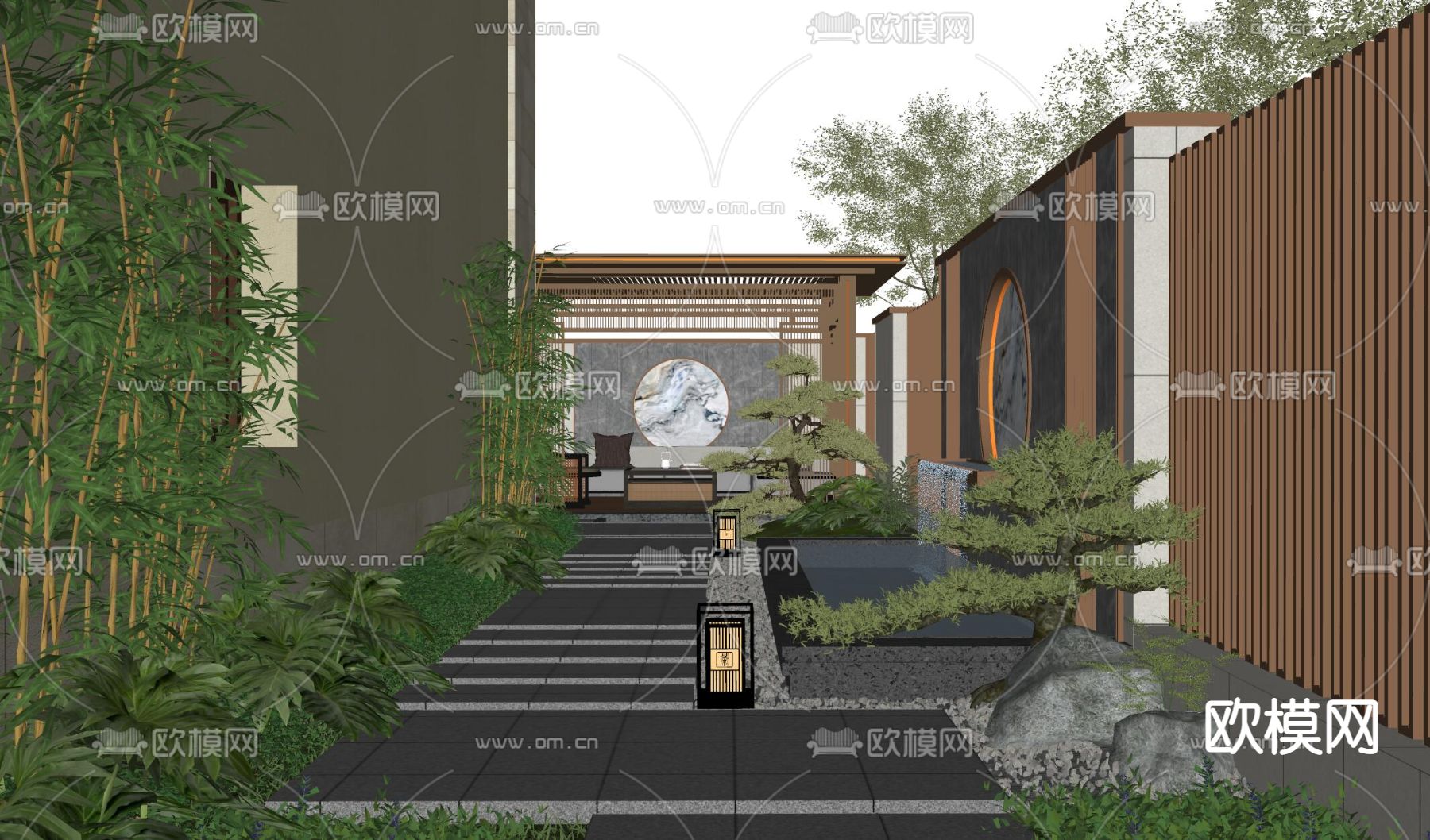 新中式庭院夜景su模型下载（渲染图3）