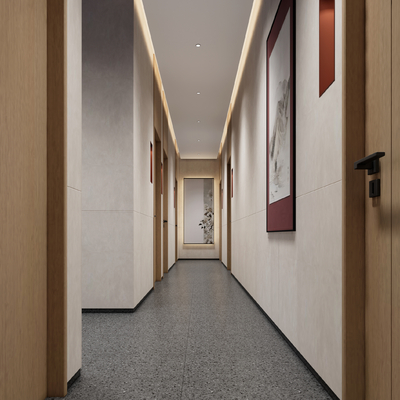  新中式酒店走廊过道su模型 