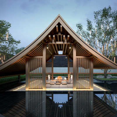  新中式 庭院夜景su模型 