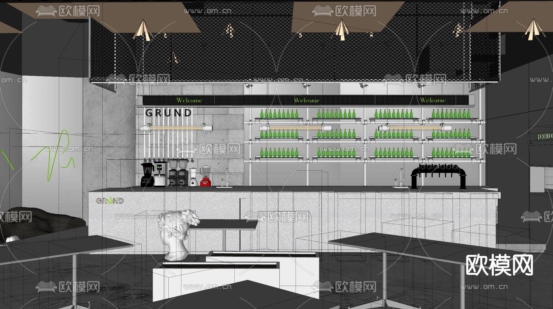 工业风奶茶店 甜品店su模型下载（渲染图2）