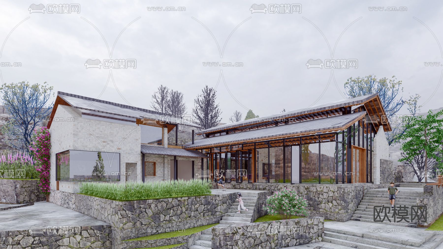 民宿外观su模型下载（渲染图1）