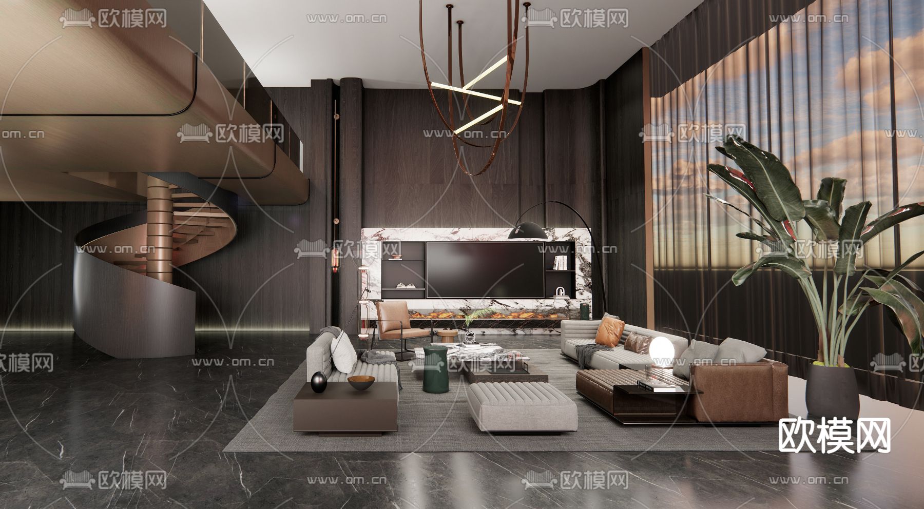 轻奢别墅大堂su模型下载（渲染图1）