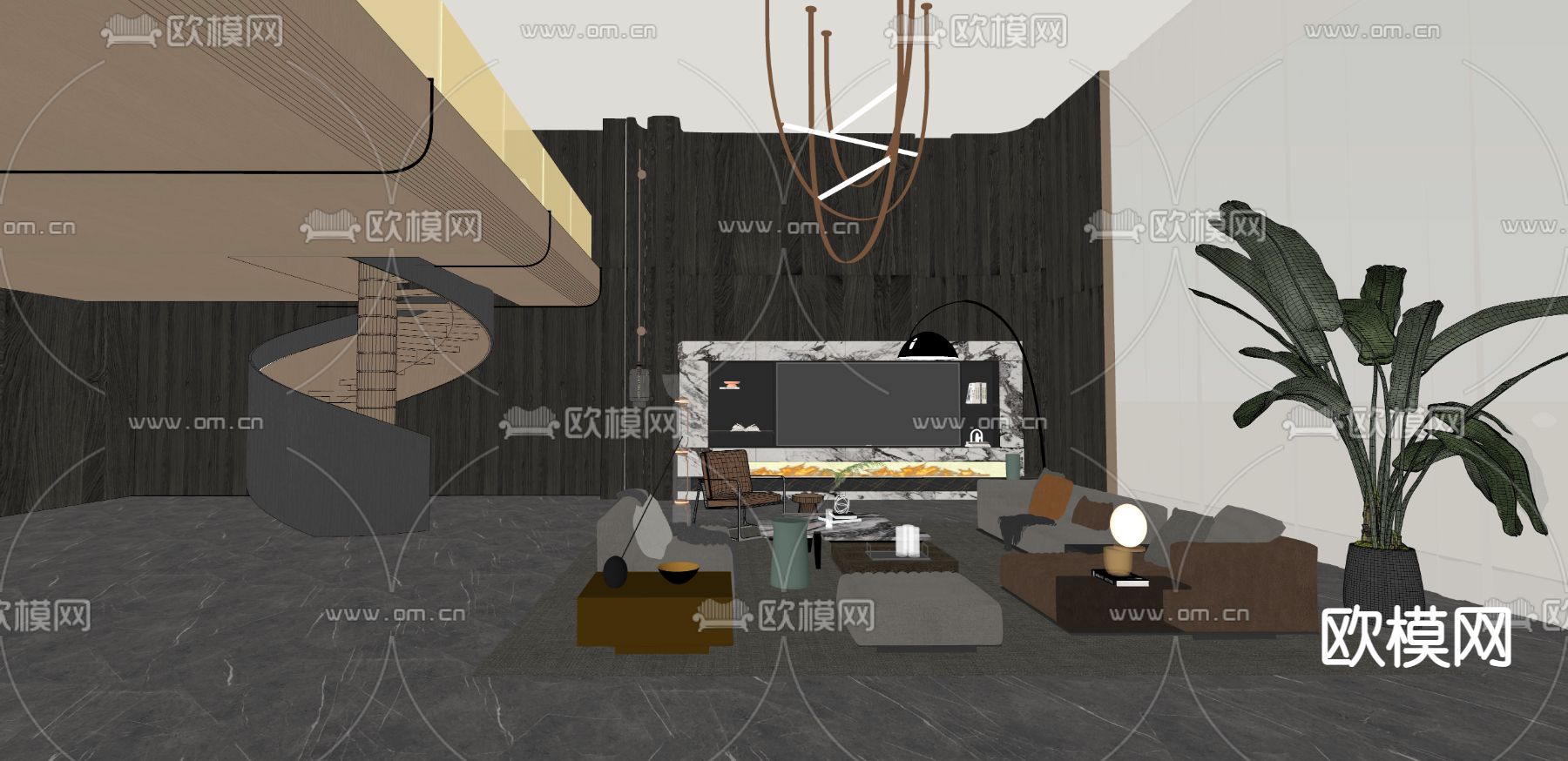 轻奢别墅大堂su模型下载（渲染图2）