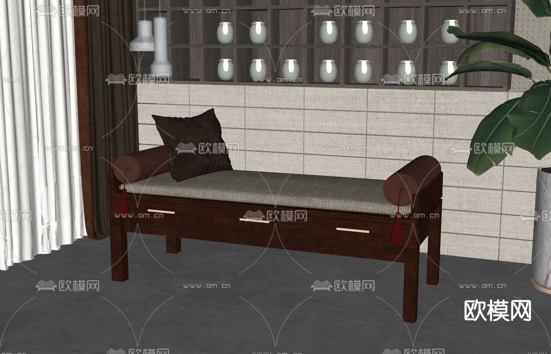 新中式沙发凳su模型下载（渲染图2）