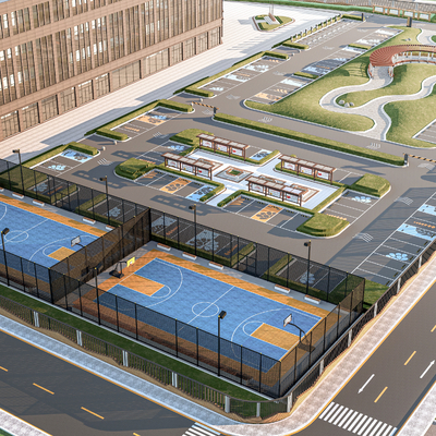  停车场 篮球场 停车区 道路 马路 公路su模型 