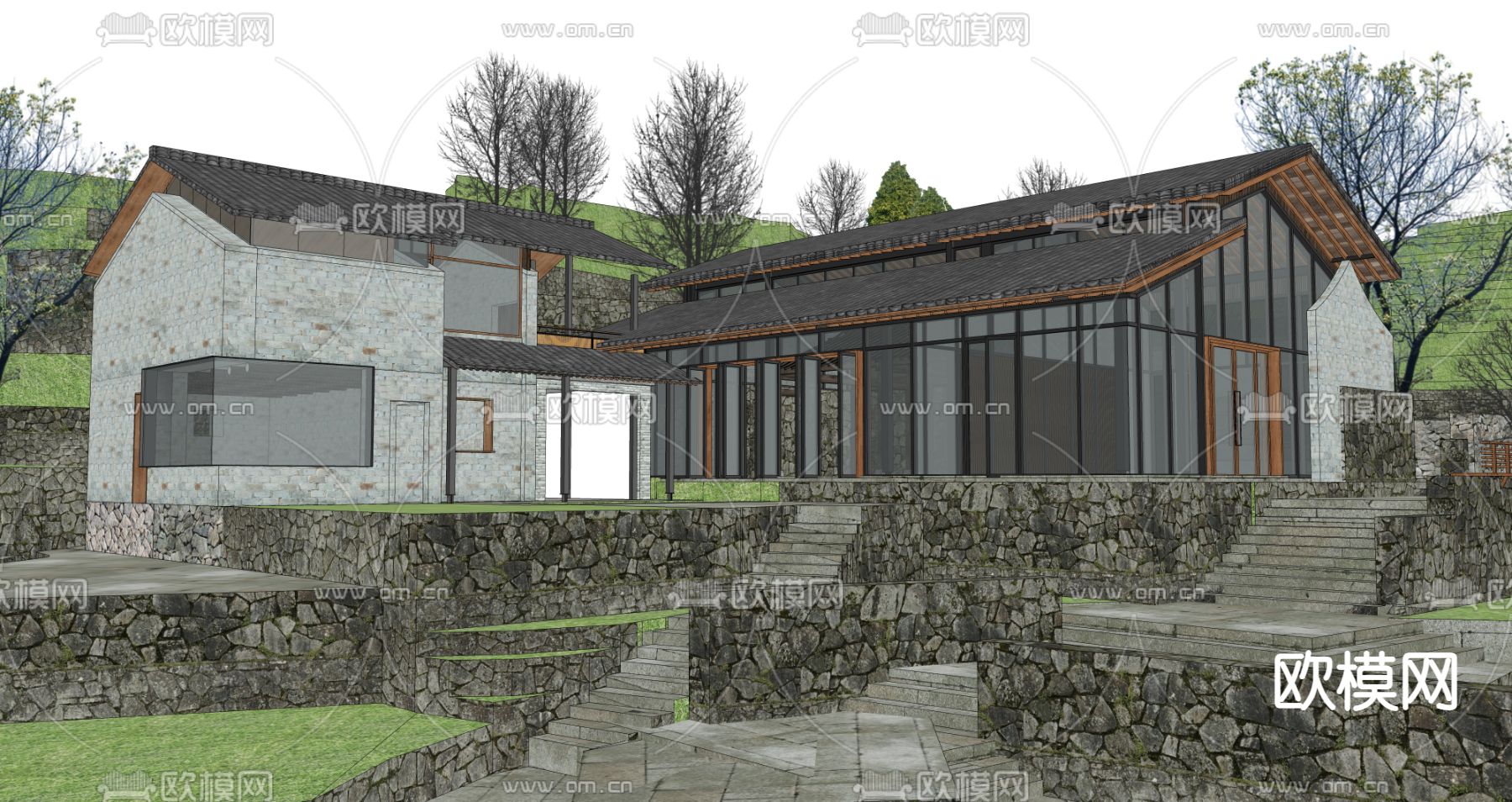 民宿外观su模型下载（渲染图2）