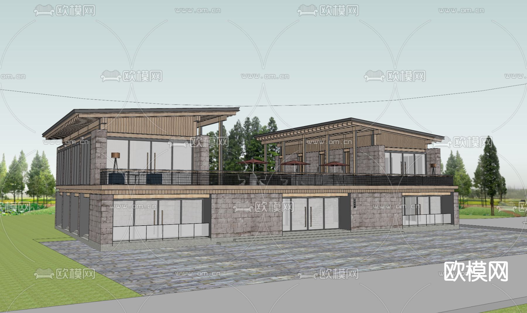 民宿外观 乡村驿站su模型下载（渲染图2）