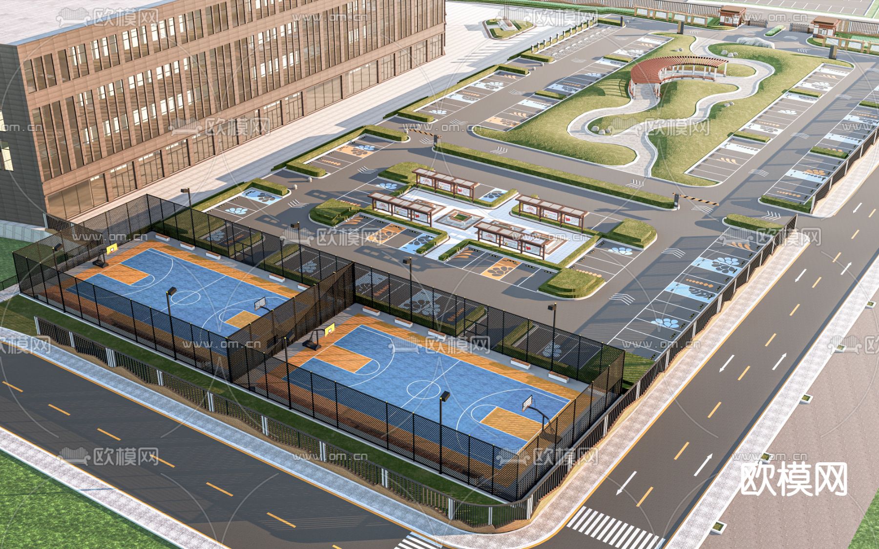 停车场 篮球场 停车区 道路 马路 公路su模型下载（渲染图3）
