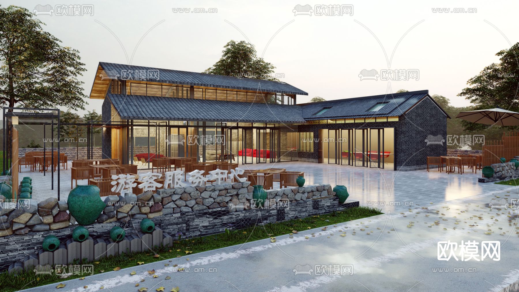 新中式民宿 游客服务中心su模型下载（渲染图1）