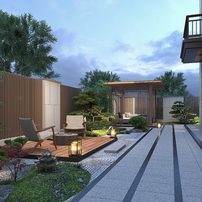  新中式庭院夜景su模型 