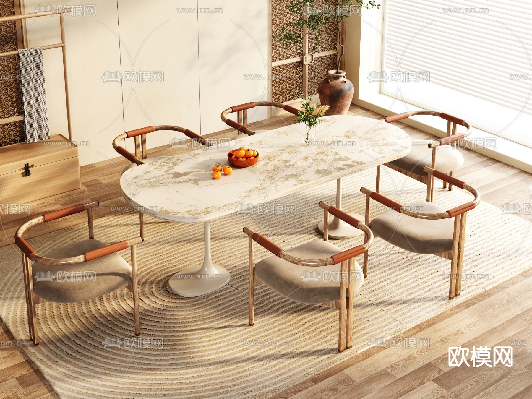 奶油风餐桌椅3d模型下载