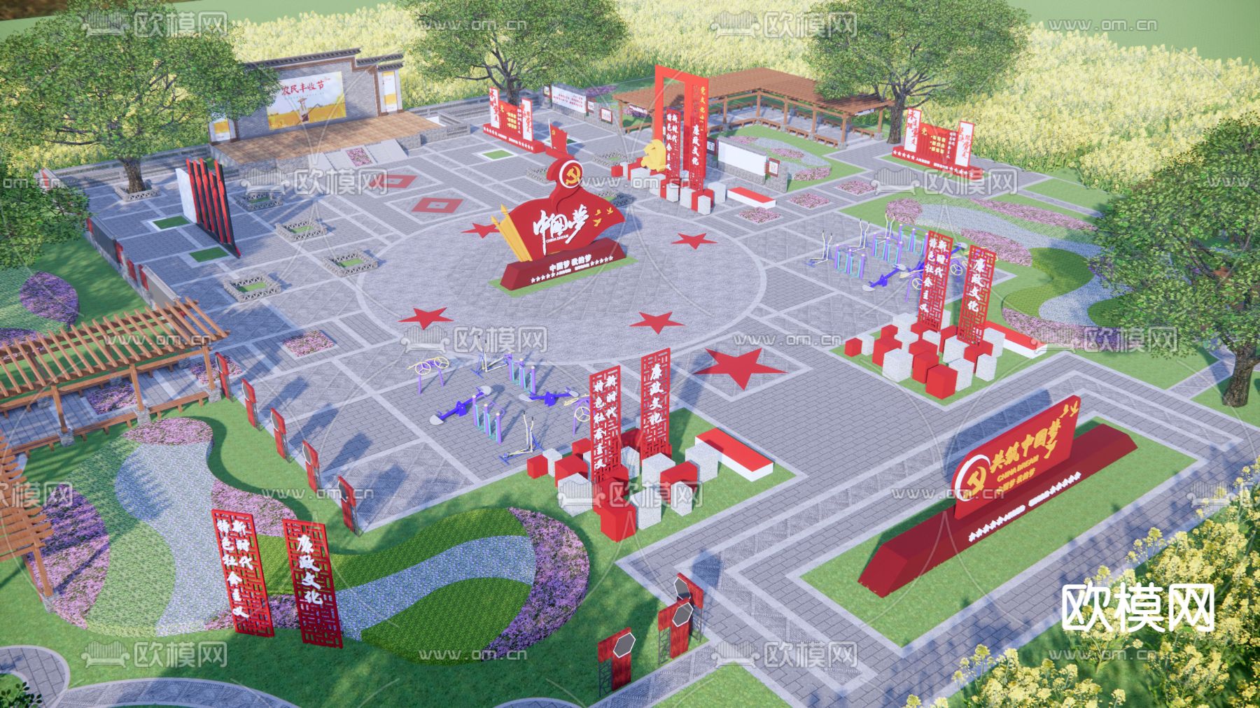 中式党政广场景观su模型下载（渲染图1）