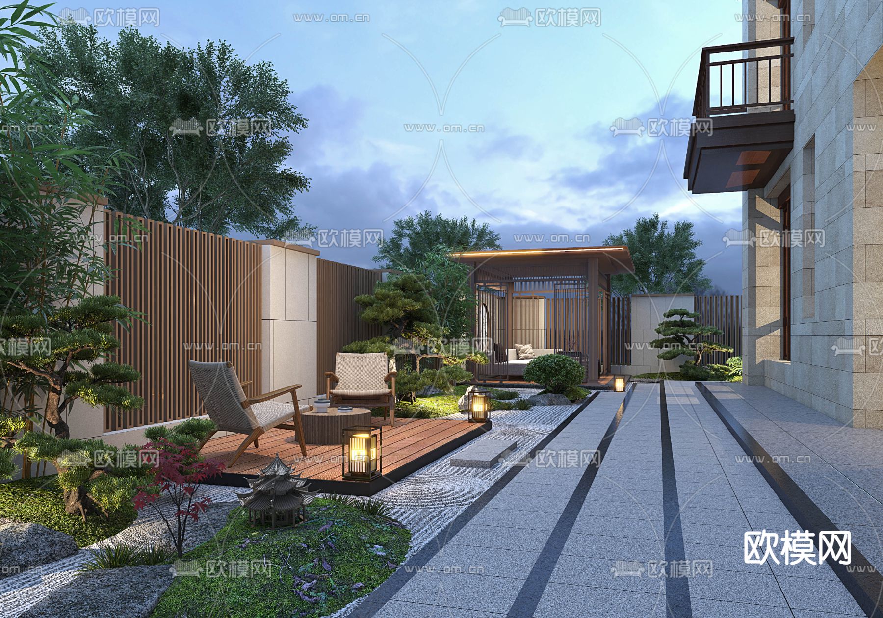 新中式庭院夜景su模型下载（渲染图1）